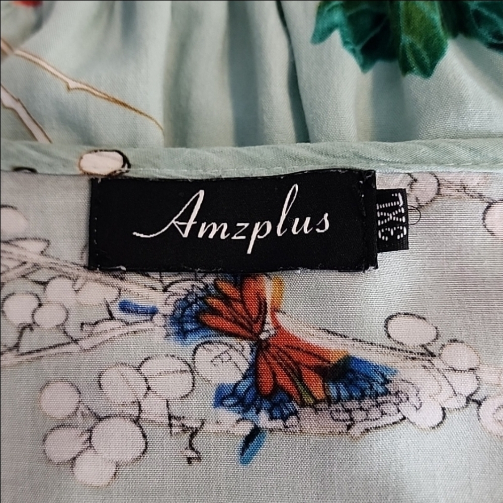 Amzplus Dress Floral Smocked Boho Tassled Tie Front Maxi Green Plus Size 3XL - Picture 14 of 16